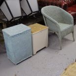 A Lloyd Loom bedroom chair, a basketwork laundry bin and another