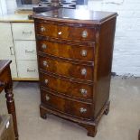 A reproduction mahogany bow-front narrow chest of 5 short drawers, on bracket feet, W53cm, H93cm,