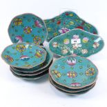 A set of Chinese turquoise glaze pottery plates and dishes, plate diameter 15.5cm (10)