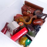 Small leather boxes, treen items etc