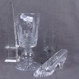 A cut-glass obelisk, 26cm, a 1977 Jubilee glass, Antique glass and a shoe