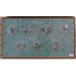 A set of 7 miniature watercolours on silk panel, bird studies, mounted in single frame, 40cm x 71cm