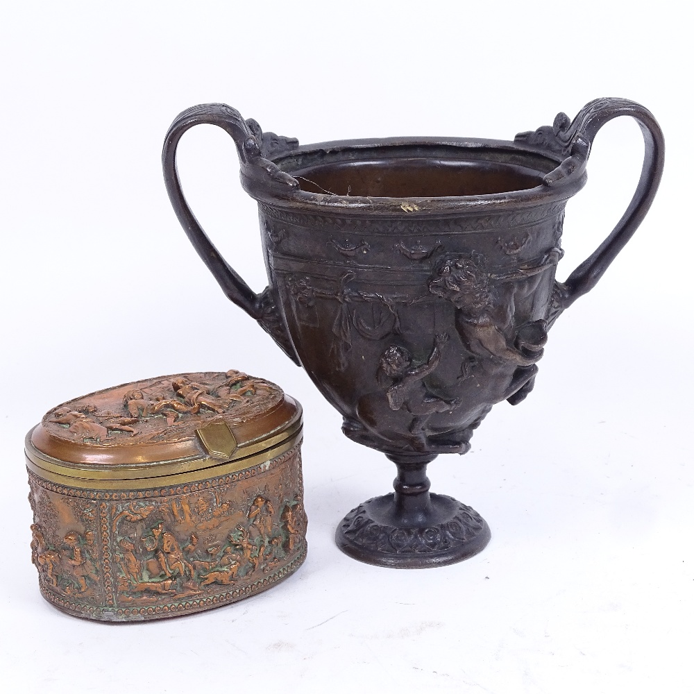 A Neoclassical Renaissance patinated bronze urn, and a Dutch copper and brass jewel box, urn