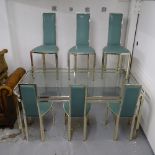 A contemporary design Art Deco style glass-top dining table, L183cm, H74cm D104cm, together with a