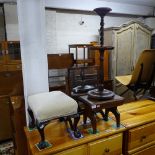 A small upholstered stool on cabriole legs, a swing toilet mirror, a smoker's stand, and an oak