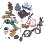 Various interesting collectables, including miniature painted bronze figurine, military cap badge,