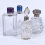 A pair of glass scent bottles, with coloured enamel and silver lids, and 2 glass and silver-topped
