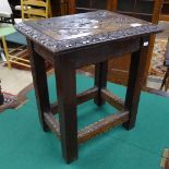 A chip carved oak joint stool, W41cm, H46cm