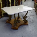 A Regency Hollywood style coffee table with marble top on gilt dolphin supports, W76cm