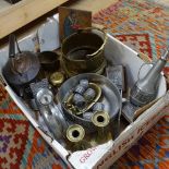 Norwegian pewter, brass candlesticks, copper kettle etc (boxful)