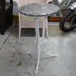 A circular marble-top garden table on painted metal base, W46cm, H74cm