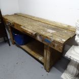 A Vintage pine work bench, with Record Vice, L193cm, H85cm, D62cm