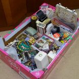 A tray of Vintage and other costume jewellery, brooches, badges, scent bottles, handbag, perfumes