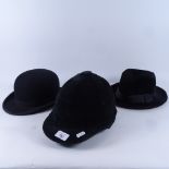 A Dunn's black velour trilby, Walter Barnard bowler hat, and Owen's Jocky's skull cap