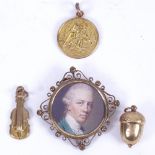 A 9ct gold St Christopher, and 2 9ct gold charms, and a Victorian gilt-metal pendant brooch (pin