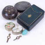 Bidri Ware inlaid silver box and cover, horn magnifying glass, playing cards, trinket boxes etc (