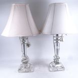 A pair of perspex and chrome table lamps, with matching shades, 68cm overall