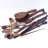 Various carved hardwood spoon measures, sailor's fid, African Tribal spoon etc (boxful)
