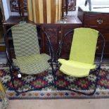 2 mid-century reclining folding chairs, with black painted steel hoop frames