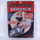 A retro design tin sign advertising Dependable Service Spark Plugs, height 70cm
