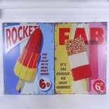 2 retro style tin signs, Fab Lollies and Rocket Lolly, height 70cm