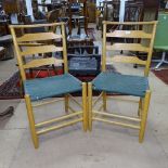 A pair of Arts and Crafts Cotswold School side chairs, with green tape seats, probably late 20th