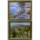 Lucia Sarto, oil on canvas, Italian river view, gilt-framed, 49cm x 59cm, and Spartaco Lombardo, oil