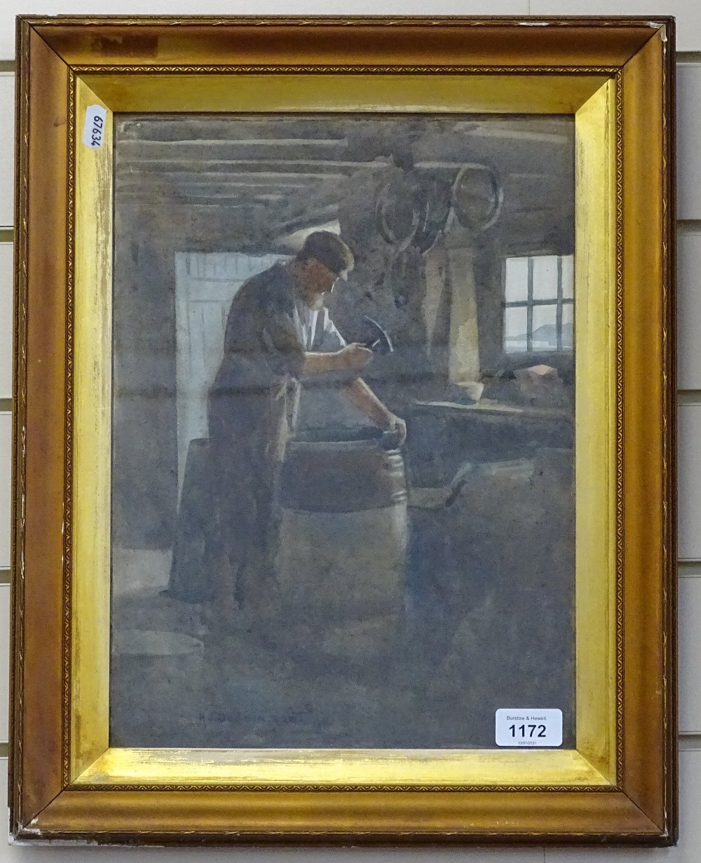 H J Dobson, watercolour, the Blacksmith, framed, 47cm x 38cm