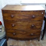 A Georgian mahogany bow-front chest of 3 drawers, on bracket feet, W93cm, H90cm, D50cm