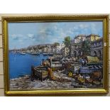 Antonio Zampini, oil on canvas, Continental harbour scene, fishing boats, gilt-framed, 58cm x 77cm