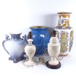 An Oriental vase, 46cm, 2 other vases, and 2 table lamps