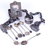 Silver bean-end coffee spoons, a small silver photo frame, and a silver nurses's buckle etc