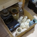 Various collectables, including creamware egg serving set, stoneware jar, carriage lantern, Japanese
