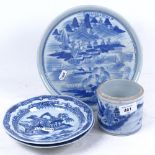 A pair of Chinese octagonal blue and white bowls, 19cm, a stand, and a pot with painted landscape