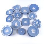 A group of Wedgwood blue and white Jasperware dishes and pin trays