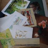 A portfolio of pastels, watercolours, Egyptian paintings and prints