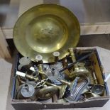 Various brassware, including candlesticks, charger, chestnut roasting pan, candle snuffers etc (