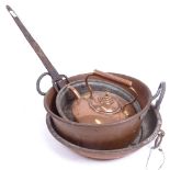 A copper chestnut roasting pan, a copper kettle, a jam pan etc