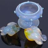 A pair of Art Deco style opalescent glass birds, and a 19th century opalescent glass stemmed cup,