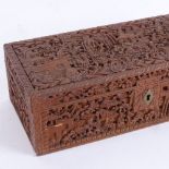 A 19th century Chinese carved sandalwood glove box, relief carved courtyard scenes, length 25cm (1