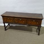 An 18th century oak 3-drawer dresser base, length 170cm, height 82cm, depth 53cm