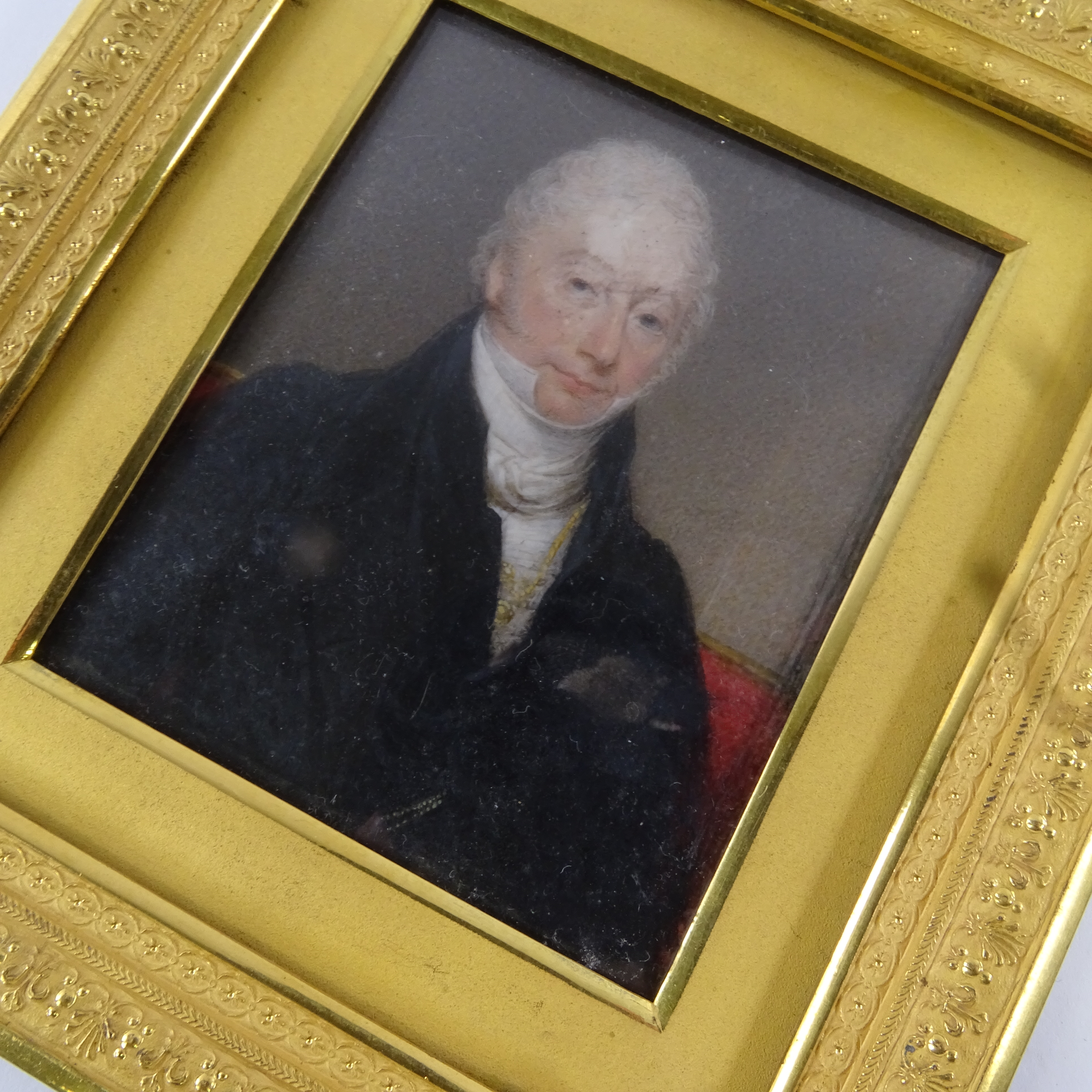 An early 19th century miniature watercolour on ivory, half-length portrait of a gentleman wearing - Image 2 of 3