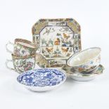 A group of Chinese porcelain (6) Both cups have cracks and small chips, the polychrome saucer has