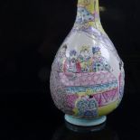 A Chinese porcelain gourd-shaped vase, relief moulded and painted figures in Court, painted seal