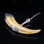 ASPREY'S - wild boar tooth and silver-mounted corkscrew, hallmarks Chester 1927, handle length