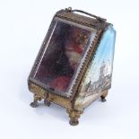 A small Victorian gilt-brass pocket watch display cabinet, the side panels having printed souvenir