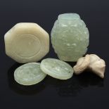 5 Chinese carved jade and hardstone ornaments, including a relief carved and pierced jade barrel-