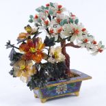A Chinese jade and hardstone tree, in cloisonne planter, height 17cm. Overall good condition, a