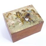 A Victorian musical box with transfer decorated top, playing 3 airs, playing list under base, 12cm x