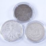 3 American silver dollars, 1880, 1898 and 2002